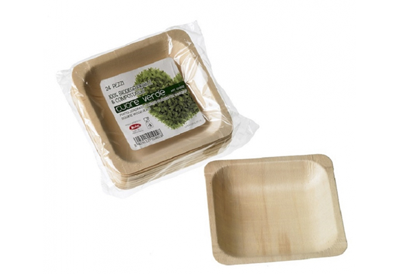 Piatto in legno bio quadrato 14x14x2.5 cm - Posate e piatti biodegradabili