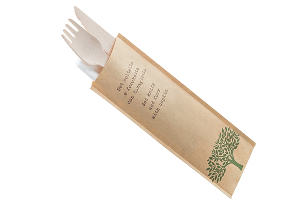 Set forchetta, coltello e tovagliolo in legno bio cm 16 - Posate e piatti biodegradabili