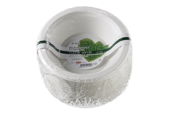 Piatto bio fondo in polpa di cellulosa diam. 19 cm - Posate e piatti biodegradabili