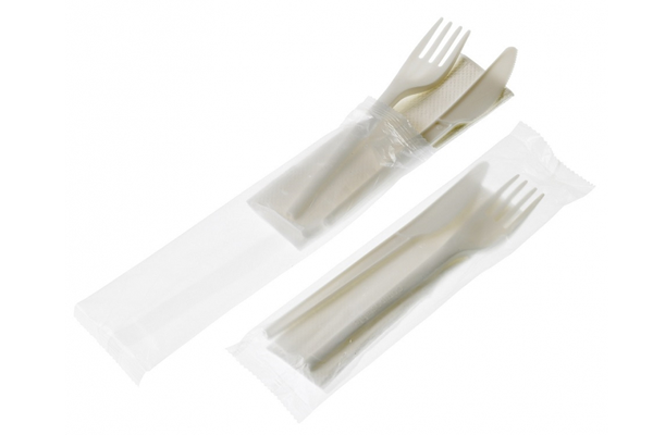 Set forchetta, coltello e tovagliolo bio in fibra di mais CPLA cm. 16 - Posate e piatti biodegradabili